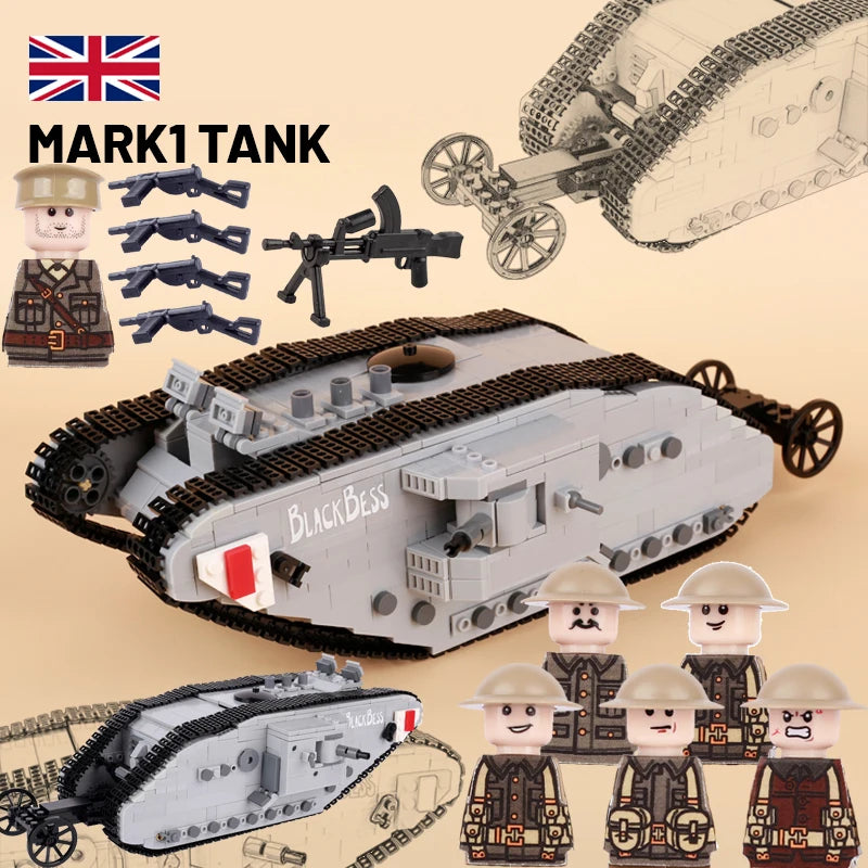 WW1 Military British Vehicle MARK 1 Tank Building Blocks Soldier