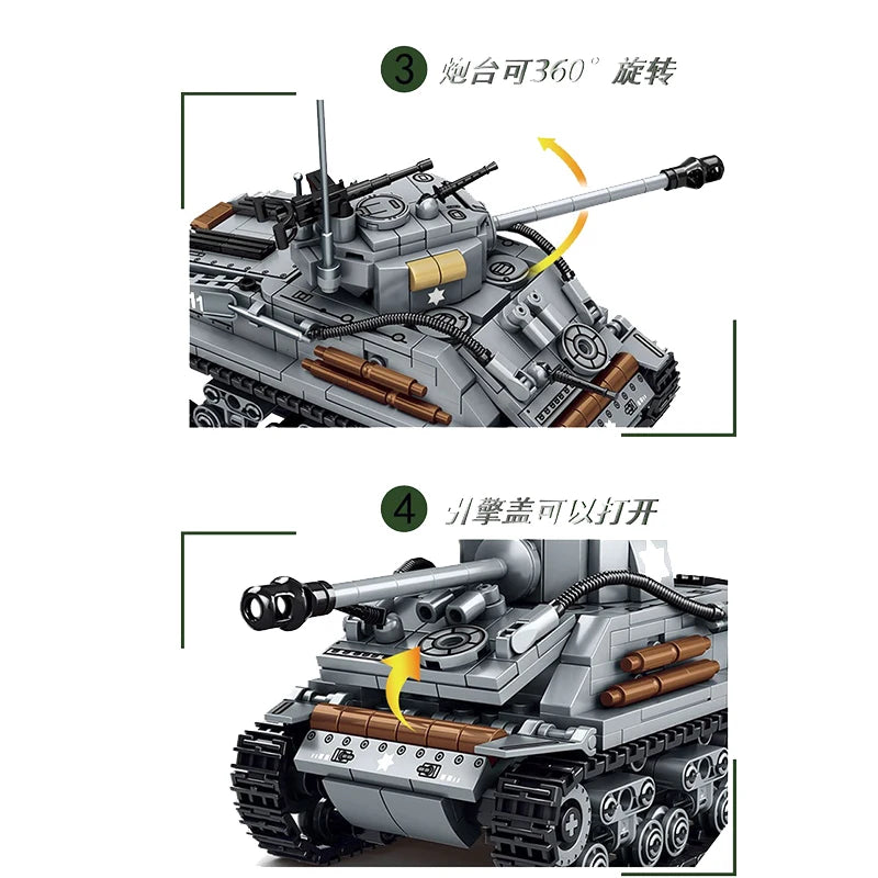 656PCS Military US Sherman M4 Tank Building Blocks WW2 Tank City