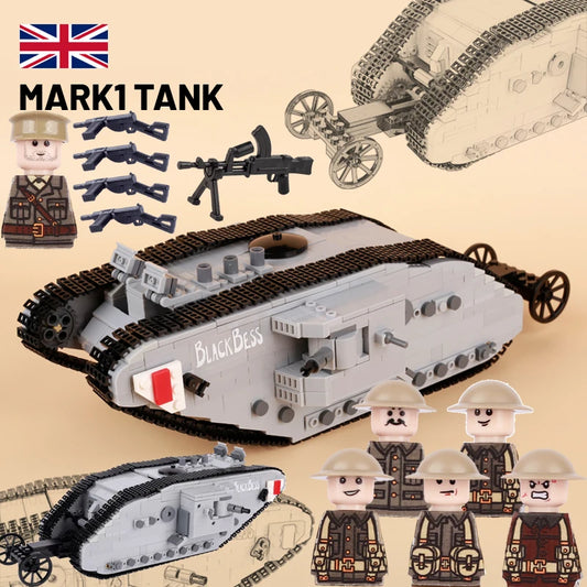 WW1 Military British Vehicle MARK 1 Tank Building Blocks Soldier