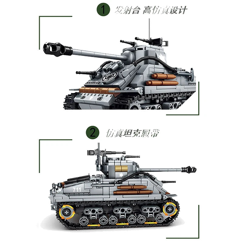 656PCS Military US Sherman M4 Tank Building Blocks WW2 Tank City