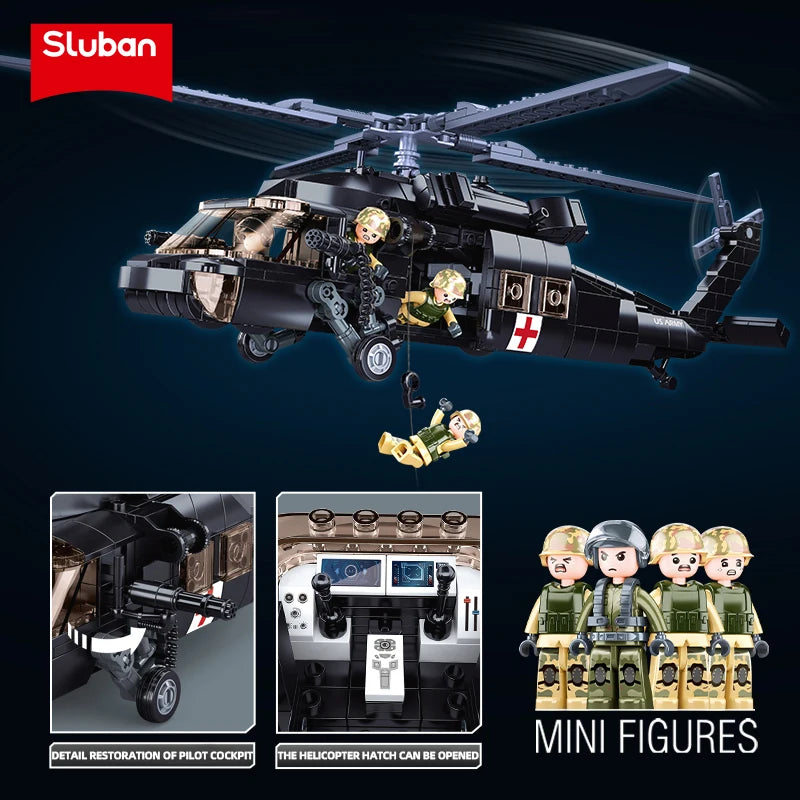 692PCS Military UH-60L Medical Rescue Aircraft Building Blocks Black