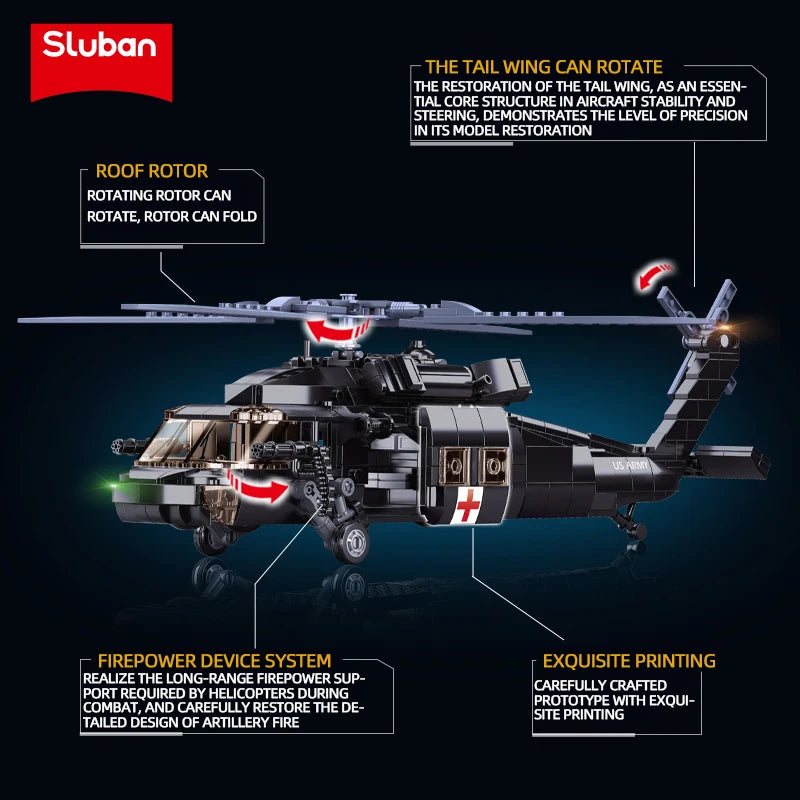 692PCS Military UH-60L Medical Rescue Aircraft Building Blocks Black